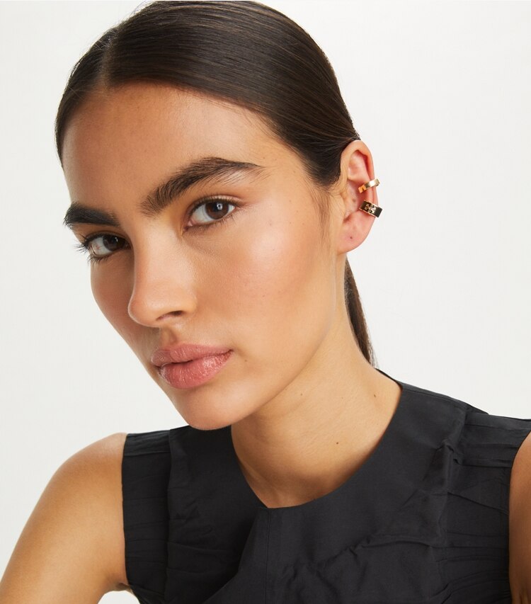 Tory Burch designer earrings Kira Enamel Ear Cuff Set in Tory Gold / NEW IVORY accessory on model