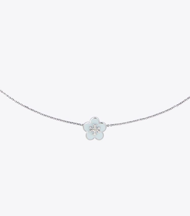 Tory Burch designer necklaces Kira Enamel Flower Pendant Necklace in Tory Silver / Light Blue detail