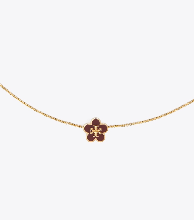 Tory Burch designer necklaces Kira Enamel Flower Pendant Necklace in Tory Gold / Burgundy detail