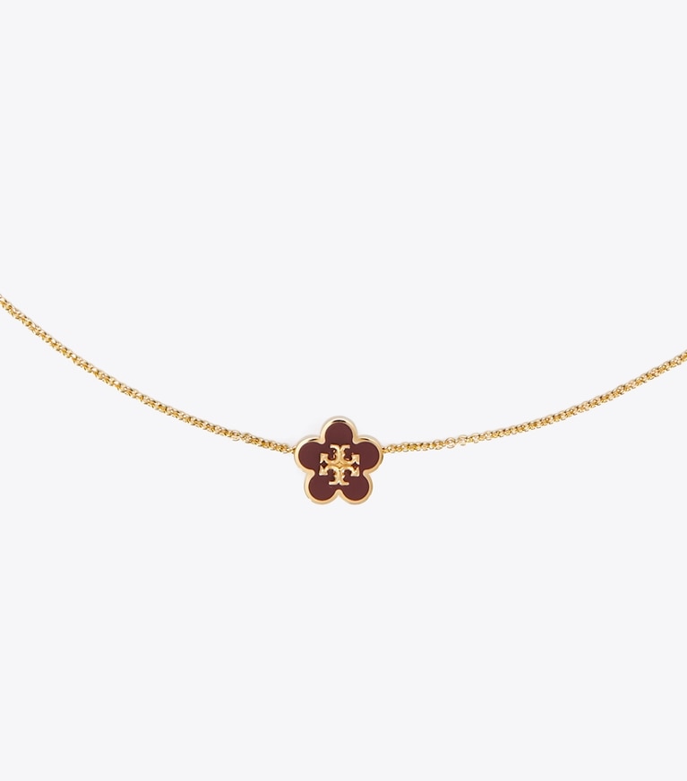 Tory Burch designer necklaces Kira Enamel Flower Pendant Necklace in Tory Gold / Burgundy front
