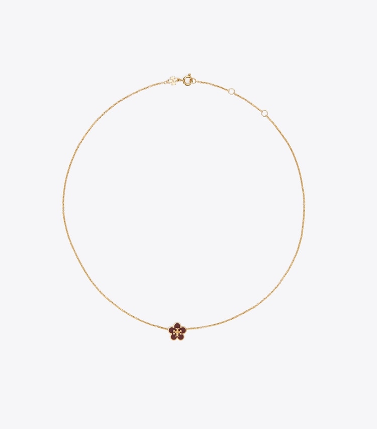 Tory Burch designer necklaces Kira Enamel Flower Pendant Necklace in Tory Gold / Burgundy front