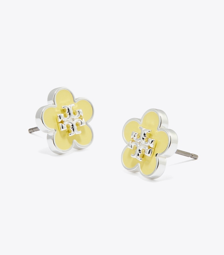 Tory Burch designer earrings Kira Enamel Flower Stud Earring in Light Silver / Yellow front
