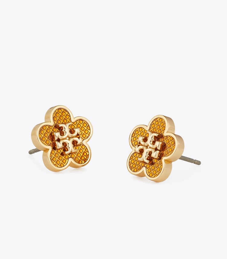 Tory Burch designer earrings Kira Enamel Flower Stud Earring in Tory Gold / Brown detail