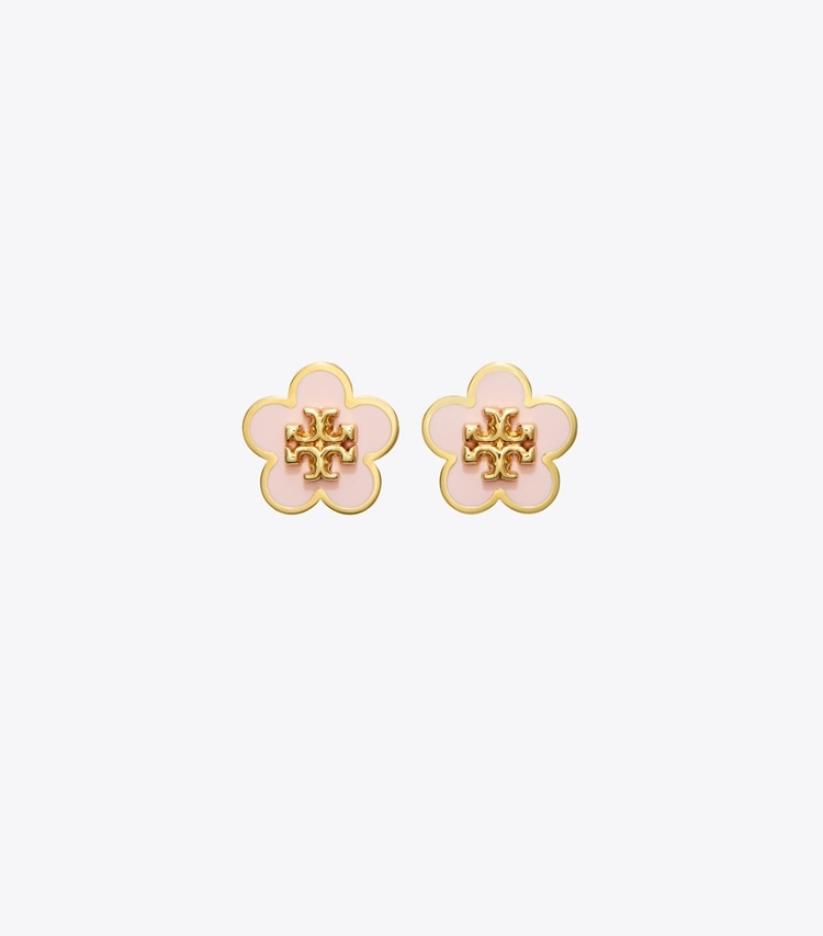 Tory Burch designer earrings Kira Enamel Flower Stud Earring in Tory Silver / Orchid Pink front