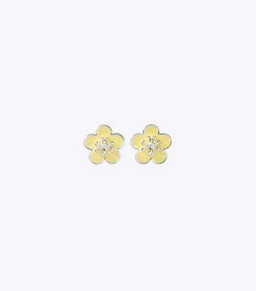 Tory Burch designer earrings Kira Enamel Flower Stud Earring in Light Silver / Yellow front