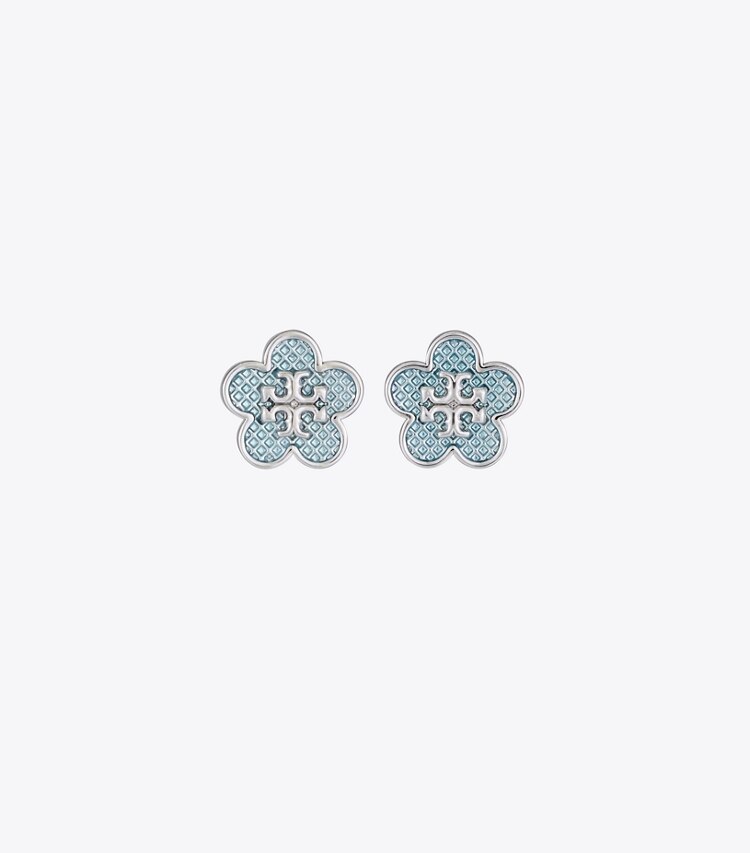 Tory Burch designer イヤリング＆ピアス キラ エナメル フラワー スタッズピアス in Tory Silver / Sky front