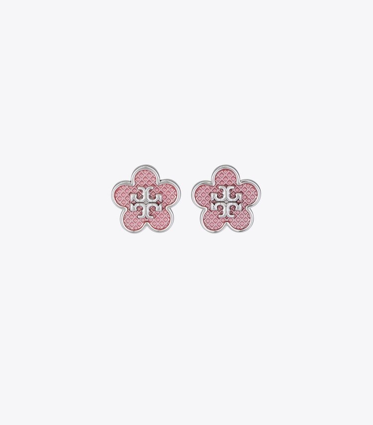 Tory Burch designer earrings Kira Enamel Flower Stud Earring in Tory Silver / Pink front