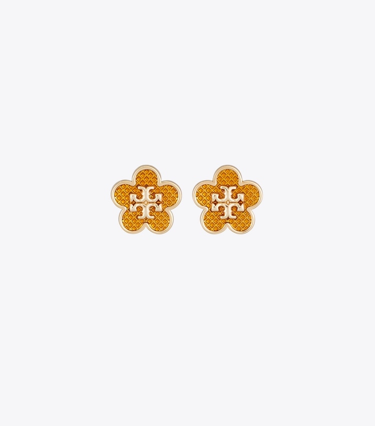 Tory Burch designer earrings Kira Enamel Flower Stud Earring in Tory Gold / Brown front