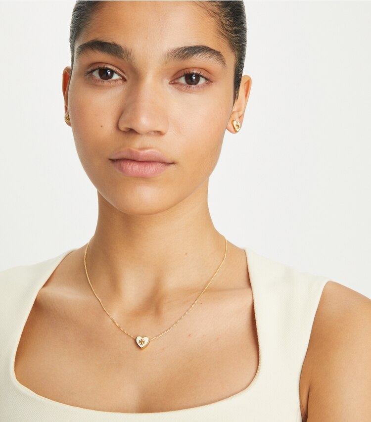 Tory Burch designer jewelry boxes Kira Enamel Heart Set in Tory Gold / New Ivory accessory on model