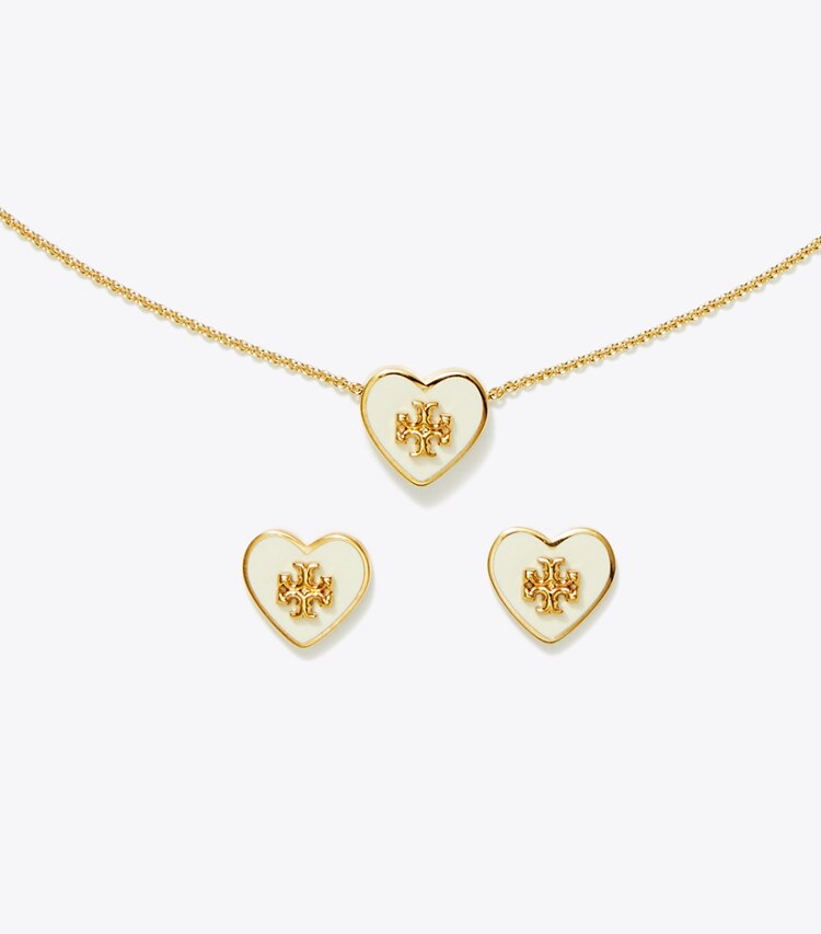 Tory Burch designer jewelry boxes Kira Enamel Heart Set in Tory Gold / New Ivory detail
