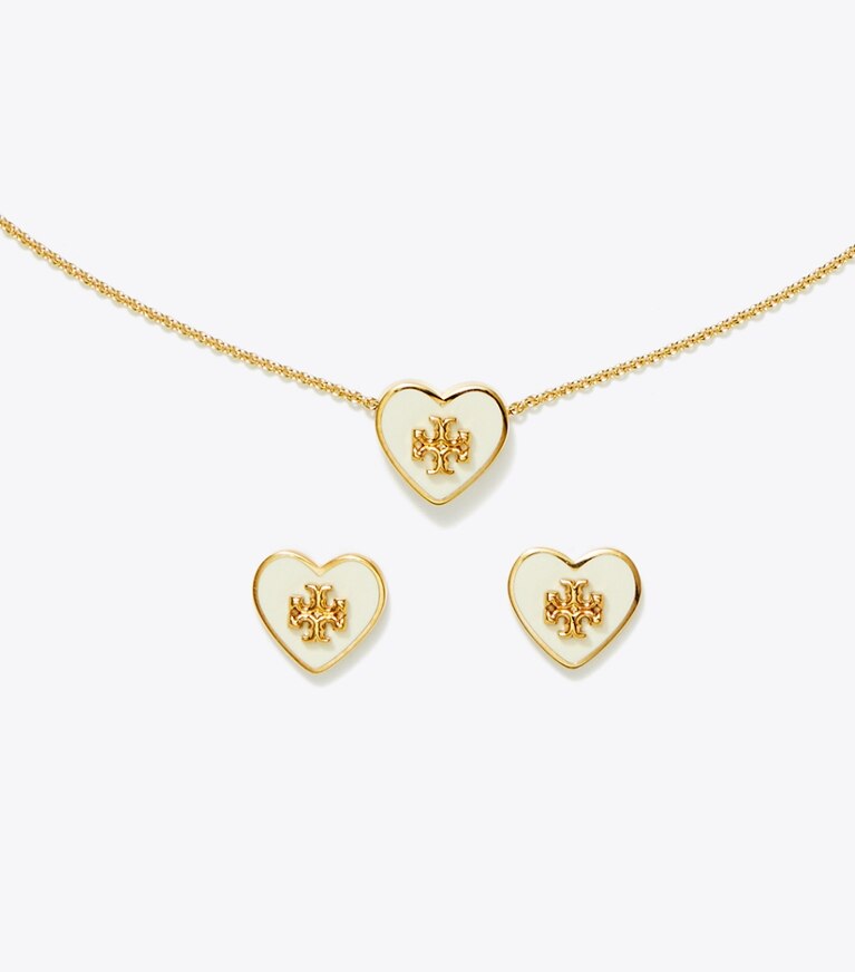 Tory Burch designer jewelry boxes Kira Enamel Heart Set in Tory Gold / New Ivory front main