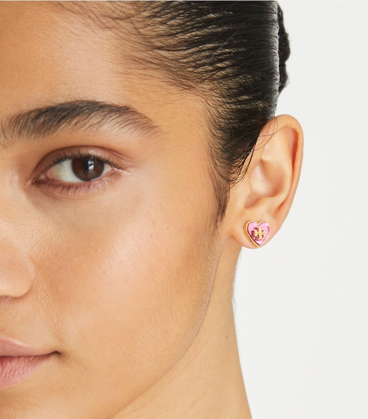 Tory Burch designer earrings Kira Enamel Heart Stud Earring in Tory Gold / Pink accessory on model