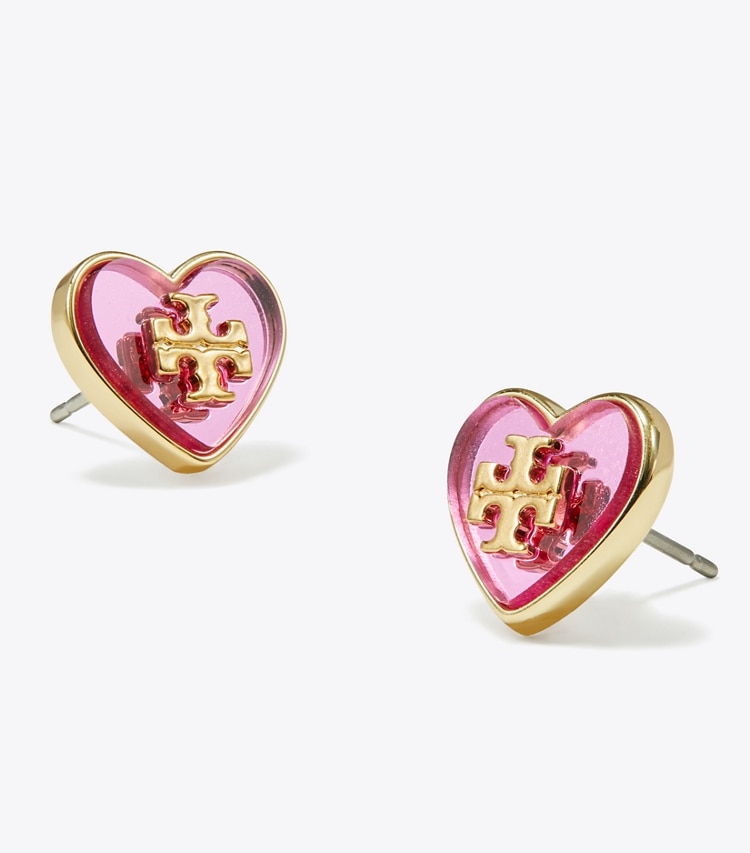 Tory Burch designer earrings Kira Enamel Heart Stud Earring in Tory Gold / Pink detail