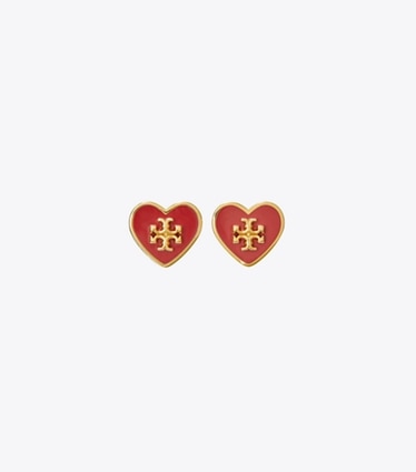 Tory Burch designer earrings Kira Enamel Heart Stud Earring in Tory Gold / Red front