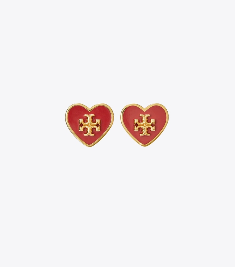 Tory Burch designer earrings Kira Enamel Heart Stud Earring in Tory Gold / Red front