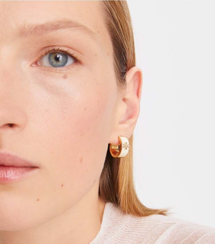 Tory Burch designer earrings Kira Enamel Hoop Earring in Tory Gold / New Ivory accessory on model