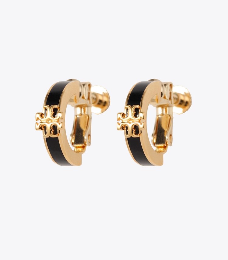 Tory Burch designer イヤリング＆ピアス キラ エナメル ハギー クリップオンイヤリング in Tory Gold / Black front