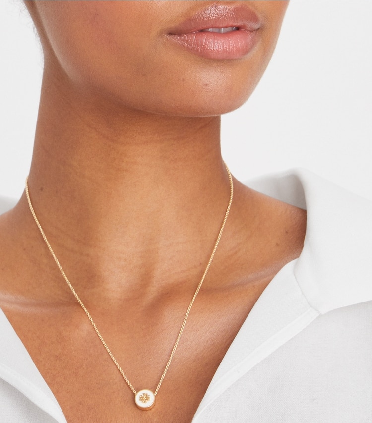Tory Burch designer necklaces Kira Enamel Pendant Necklace in Tory Gold / Black accessory on model