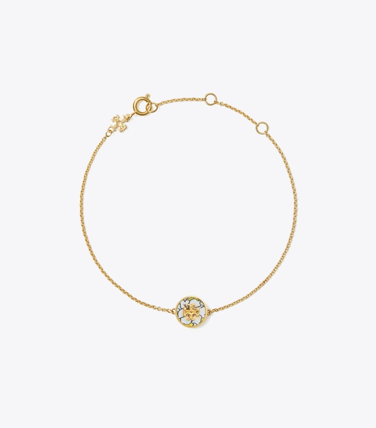 Tory Burch designer bracelets Kira Enamel Printed Chain Bracelet in Tory Gold / Colza Yellow Floral front