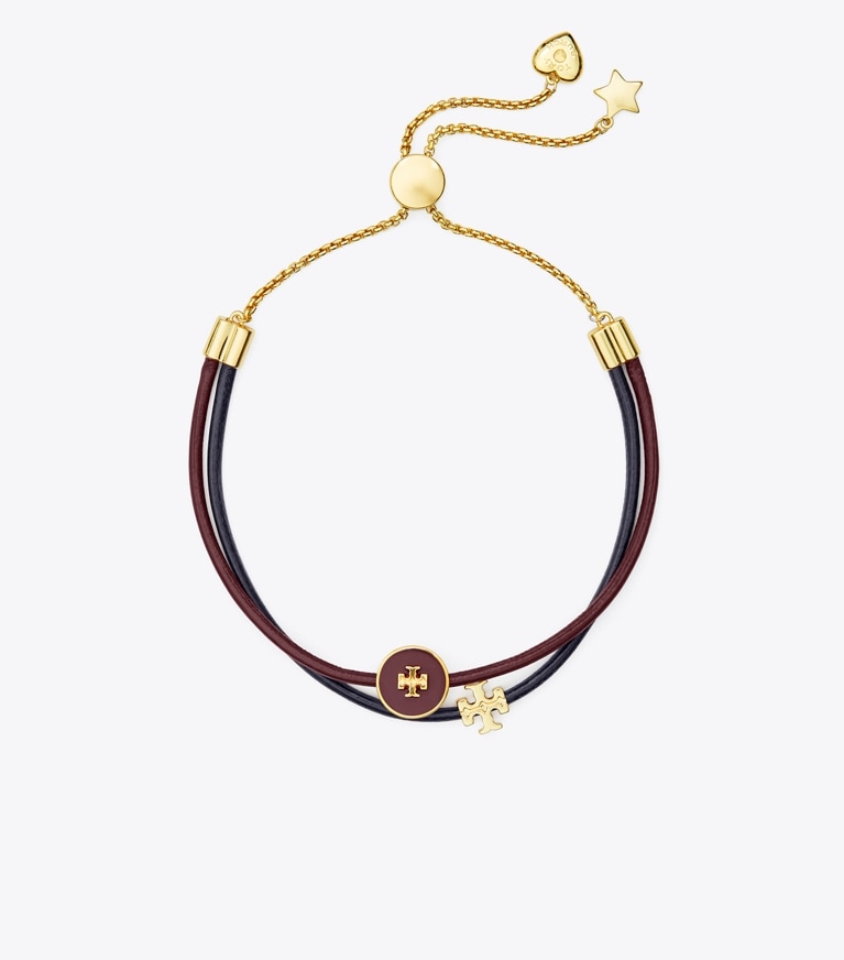Tory Burch designer bracelets Kira Enamel Slider Bracelet in Tory Gold / Divine Burgundy / Tory Navy front