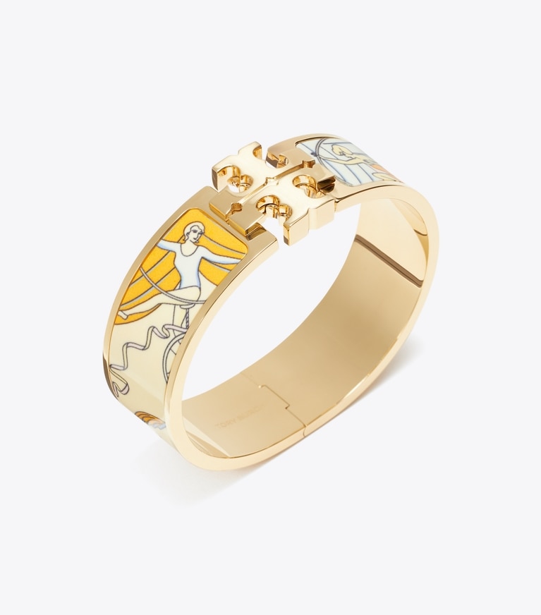 Tory Burch designer bracelets Kira Enamel Wide Bangle in Tory Gold / Acrobats Pink front