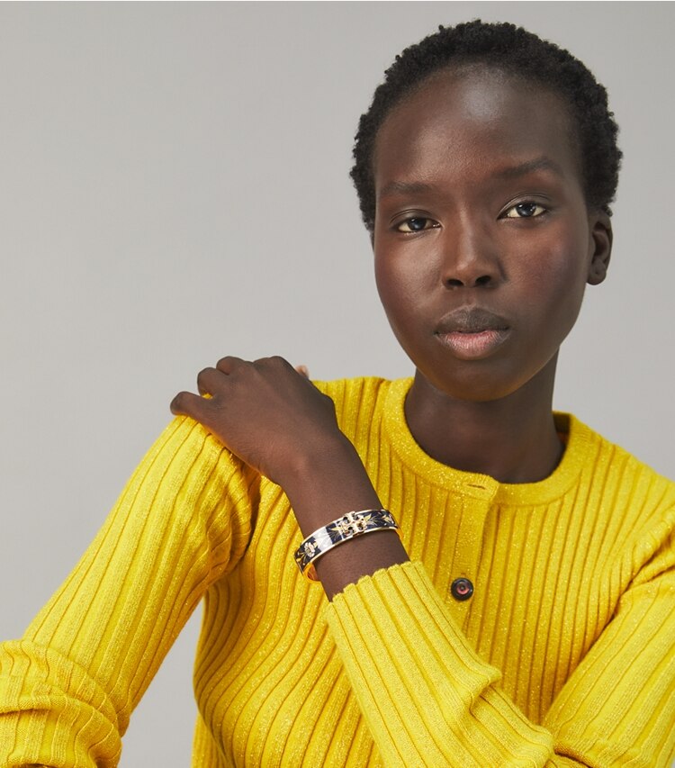 Tory Burch designer bracelets Kira Enameled Bracelet in Tory Gold / Navy Multi accessory on model