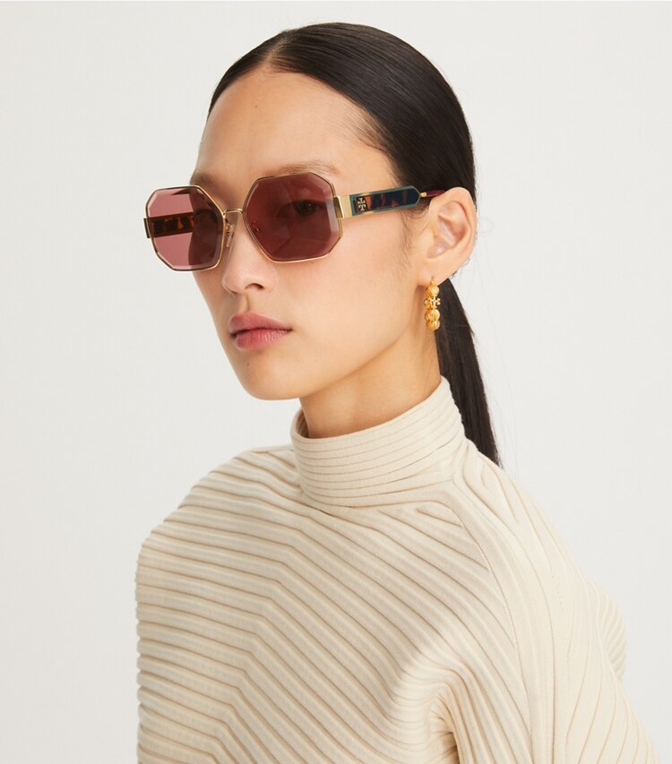 Tory Burch designer sunglasses & eyewear Kira Faceted Geometric Sunglasses in SHINY GOLD/SOLID BORDEAUX accessory on model