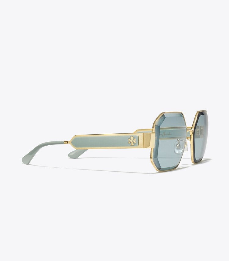 Tory Burch designer sunglasses & eyewear Kira Faceted Geometric Sunglasses in SHINY LIGHT GOLD/SOLID MINT detail