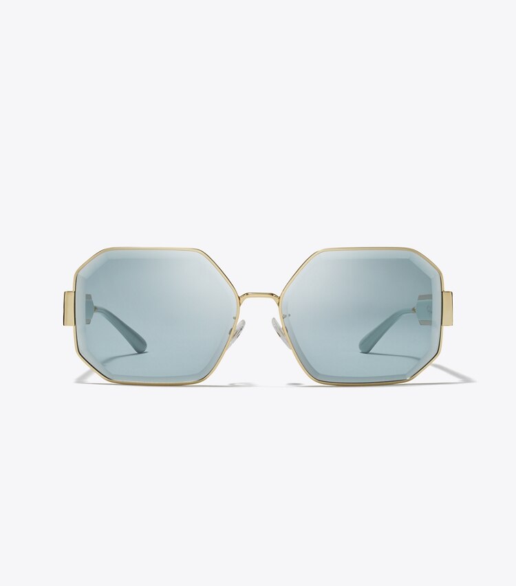 Tory Burch designer sunglasses & eyewear Kira Faceted Geometric Sunglasses in SHINY LIGHT GOLD/SOLID MINT front