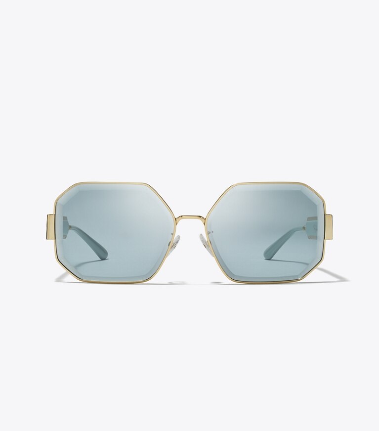 Tory Burch designer sunglasses & eyewear Kira Faceted Geometric Sunglasses in SHINY LIGHT GOLD/SOLID MINT front
