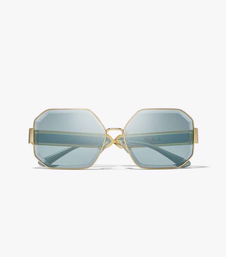 Tory Burch designer sunglasses & eyewear Kira Faceted Geometric Sunglasses in SHINY LIGHT GOLD/SOLID MINT overhead