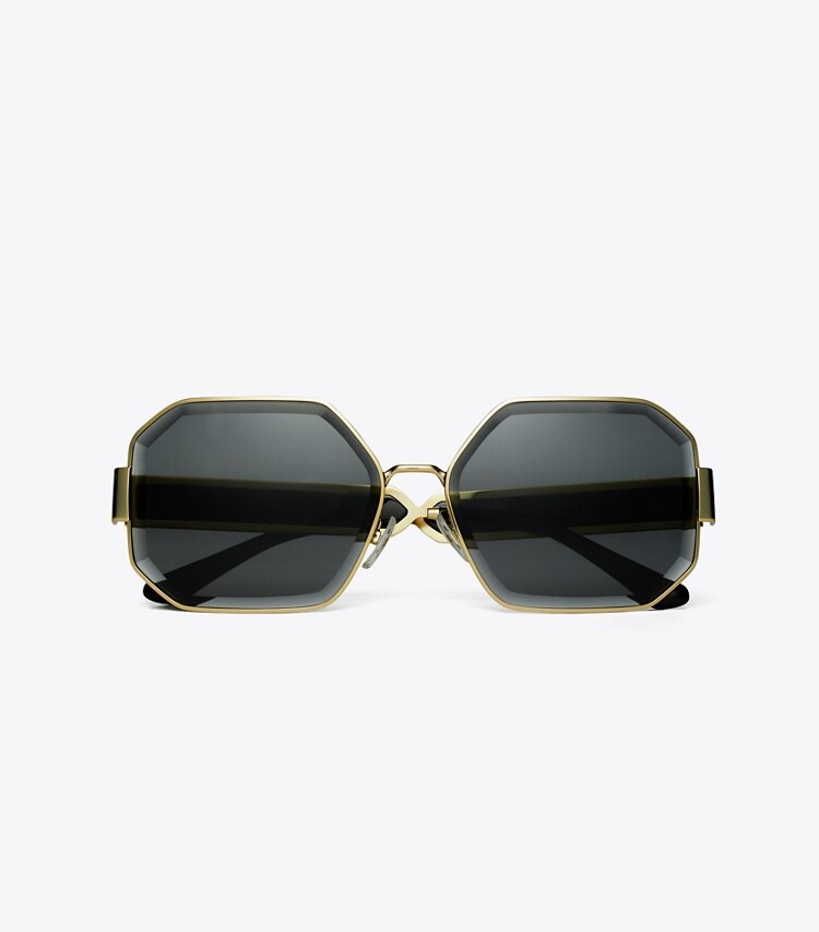 Tory Burch designer sunglasses & eyewear Kira Faceted Geometric Sunglasses in SHINY LIGHT GOLD/SOLID GREY overhead