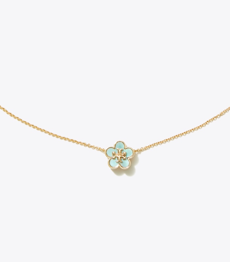 Tory Burch designer necklaces Kira Flower Pendant in Tory Gold / Blue detail