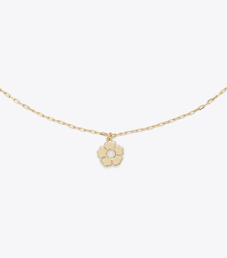 Tory Burch designer necklaces Kira Flower Pendant in Tory Gold / Pearl front