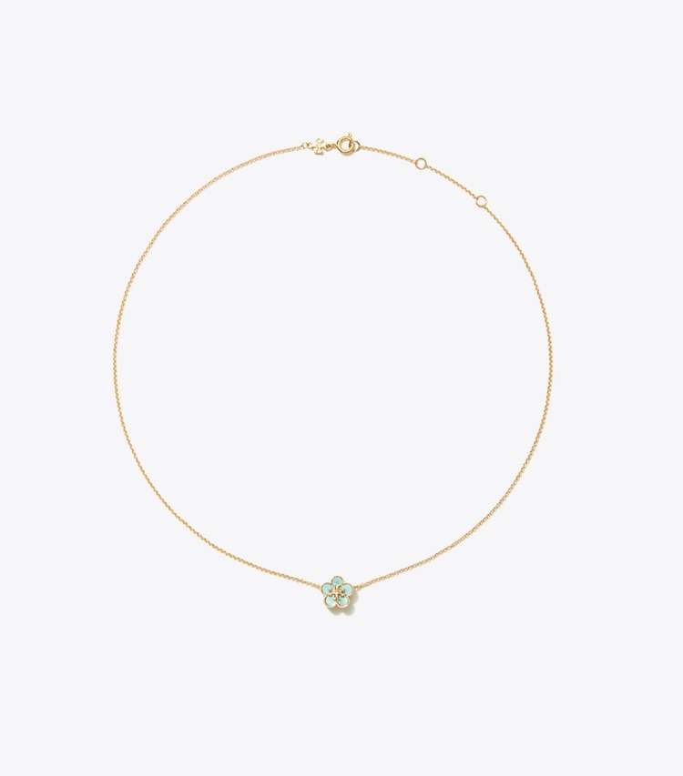 Tory Burch designer necklaces Kira Flower Pendant in Tory Gold / Blue front