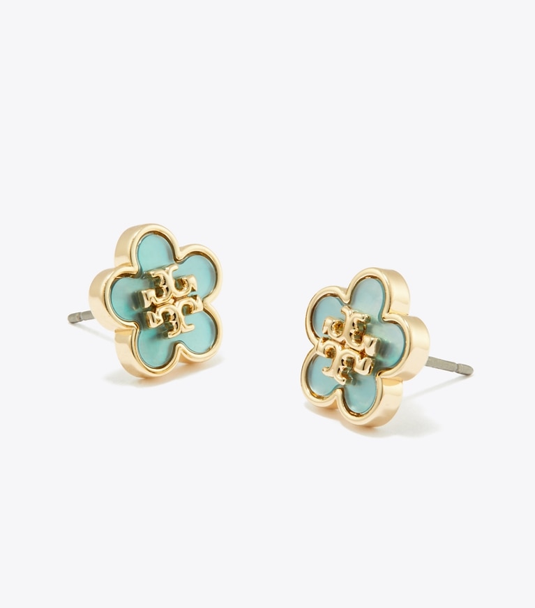 Tory Burch designer earrings Kira Flower Stud in Tory Gold / Blue front