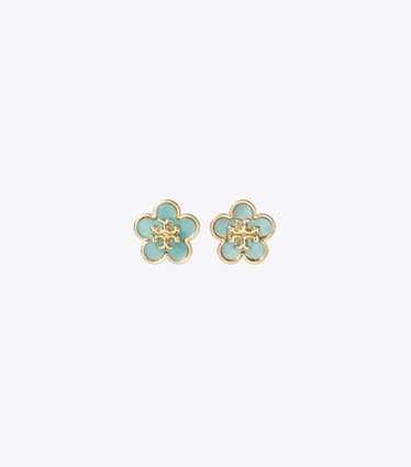 Tory Burch designer earrings Kira Flower Stud in Tory Gold / Blue front