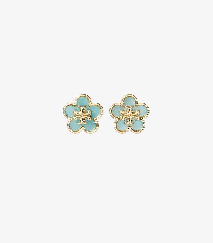 Tory Burch designer earrings Kira Flower Stud in Tory Gold / Blue front