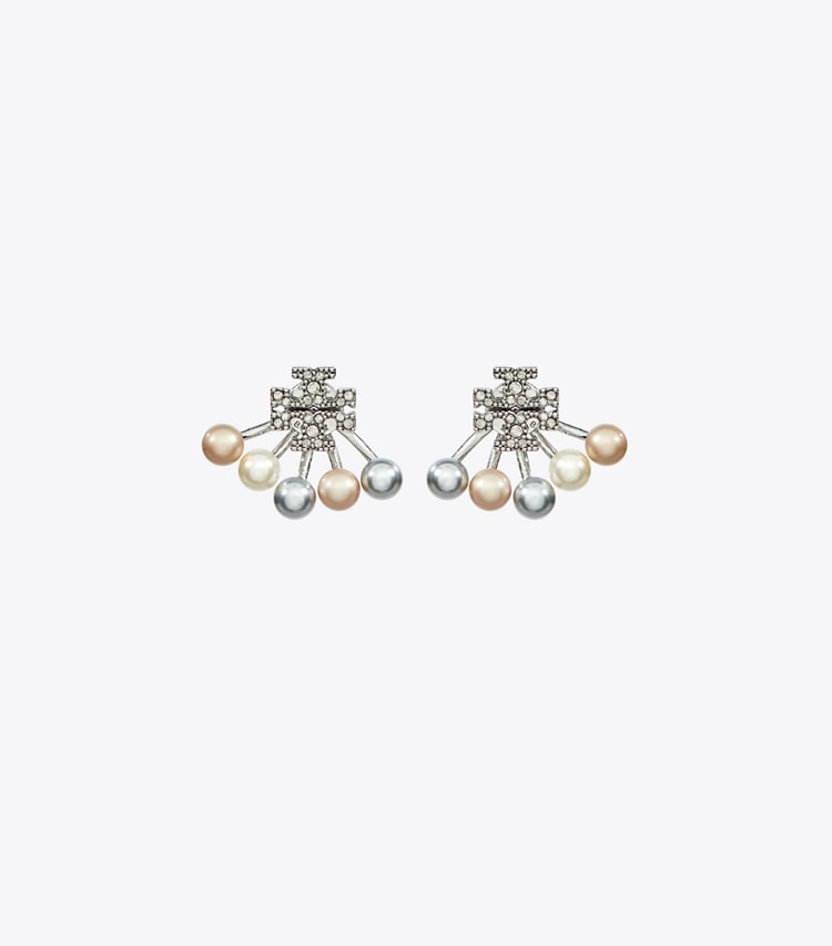 Tory Burch designer ohrringe Kira Front-Back Ohrring mit Perlen in Tory Silver / Pearl / Crystal front