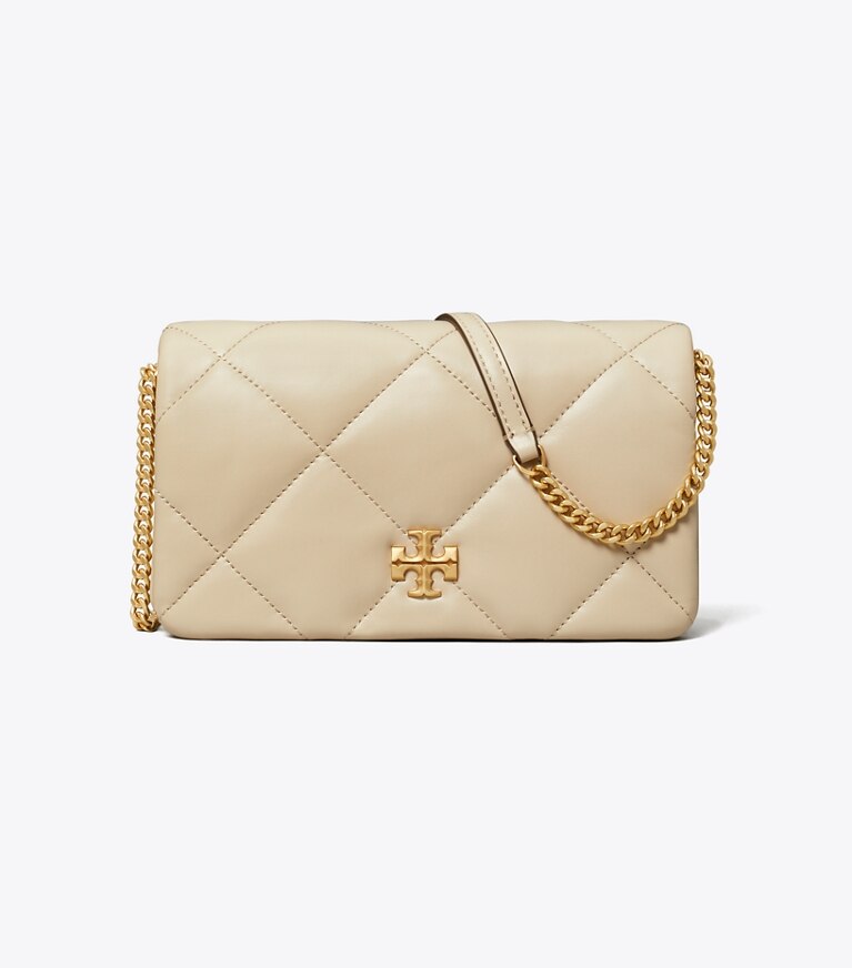Tory Burch designer kleine taschen Kira Geldbörse mit Rautensteppung und Kette in Light Stone angle