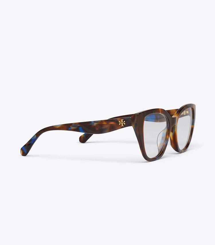 Tory Burch designer sunglasses & eyewear Kira Geometric Cat-Eye Eyeglasses in BLUE/GREEN/BROWN TORTOISE detail