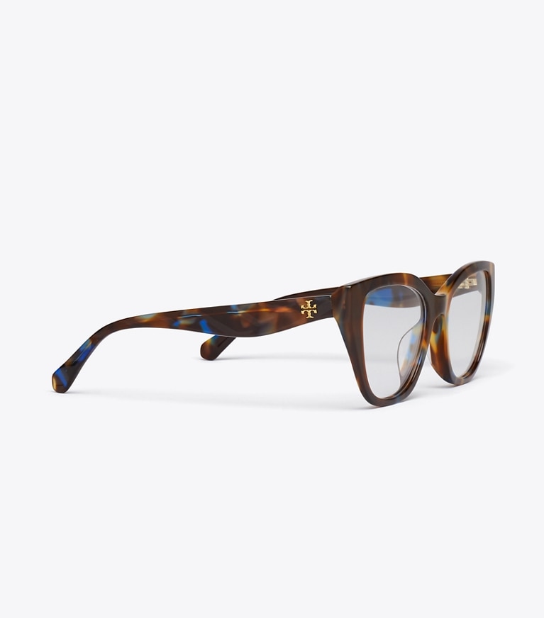 Tory Burch designer sunglasses & eyewear Kira Geometric Cat-Eye Eyeglasses in BLUE/GREEN/BROWN TORTOISE detail