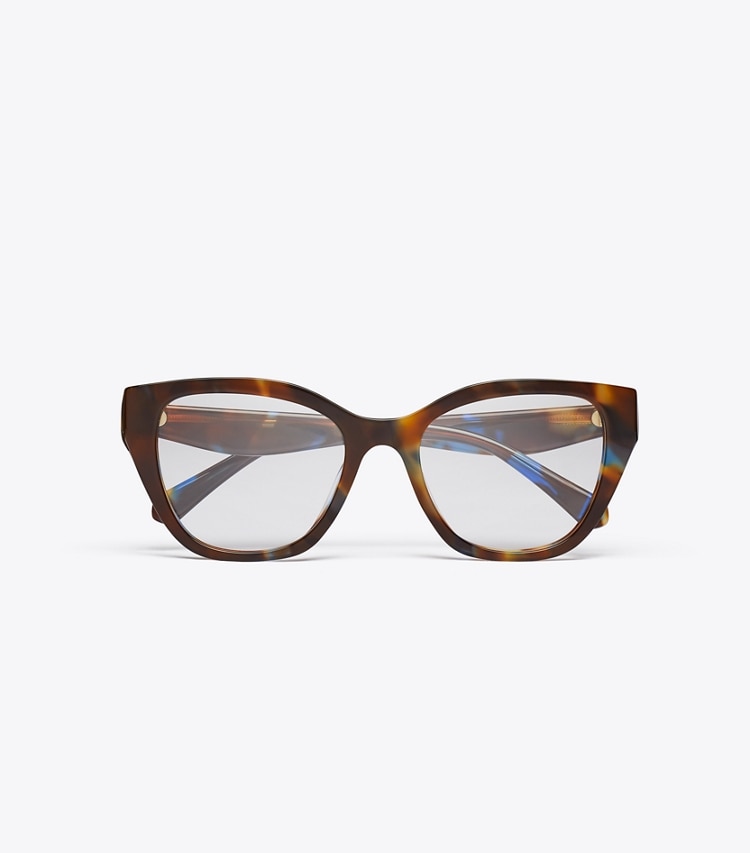 Tory Burch designer sunglasses & eyewear Kira Geometric Cat-Eye Eyeglasses in BLUE/GREEN/BROWN TORTOISE overhead