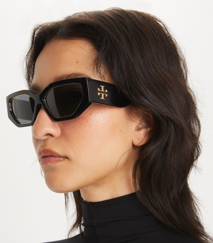 Tory Burch designer sunglasses & eyewear Kira Geometric Sunglasses in BLACK accessory on model