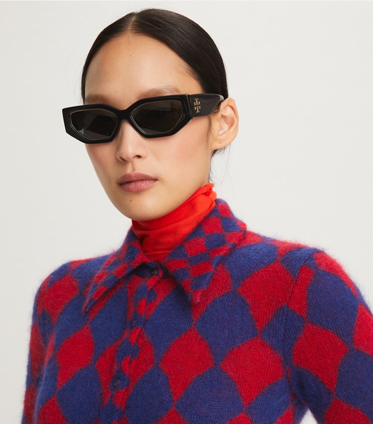 Tory Burch designer sunglasses & eyewear Kira Geometric Sunglasses in DARK TORTOISE accessory on model