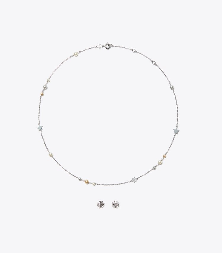 Tory Burch designer schmuckkästchen Kira Geschenkset aus Halskette und Ohrsteckern in Tory Silver / Pearl / Crystal front