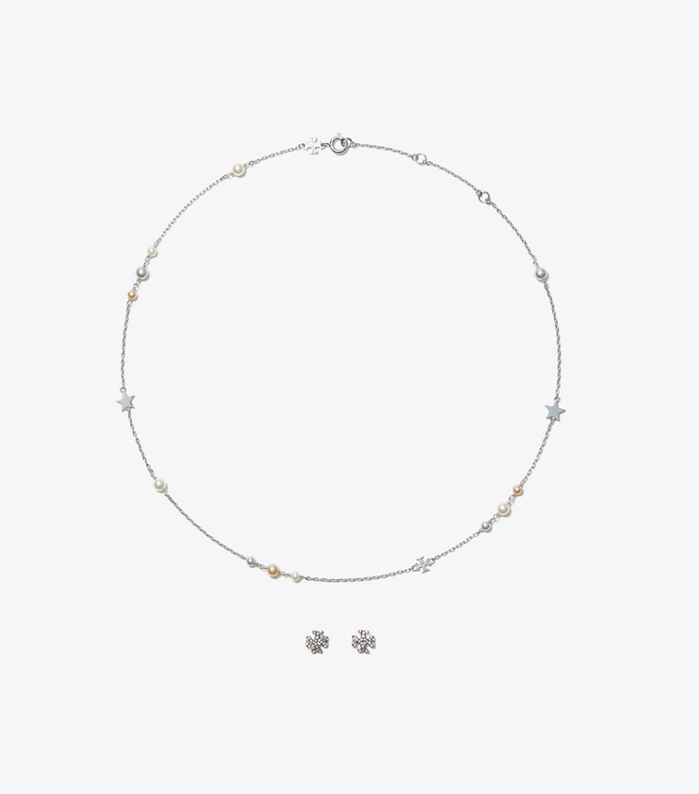 Tory Burch designer schmuckkästchen Kira Geschenkset aus Halskette und Ohrsteckern in Tory Silver / Pearl / Crystal front