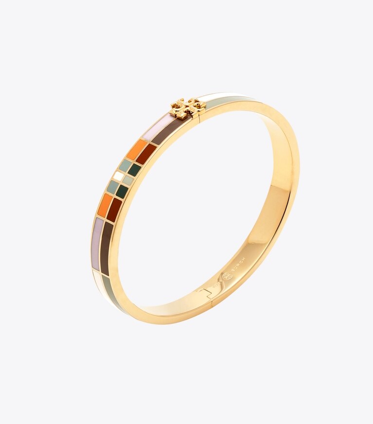 Tory Burch designer bracelets Kira Ground-Off Enamel 7mm Bracelet in Tory Gold / Blue Picnic Plaid front