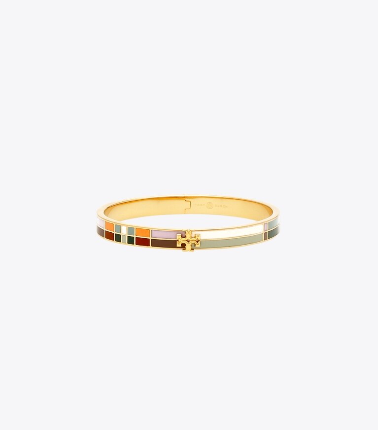 Tory Burch designer bracelets Kira Ground-Off Enamel 7mm Bracelet in Tory Gold / Blue Picnic Plaid front