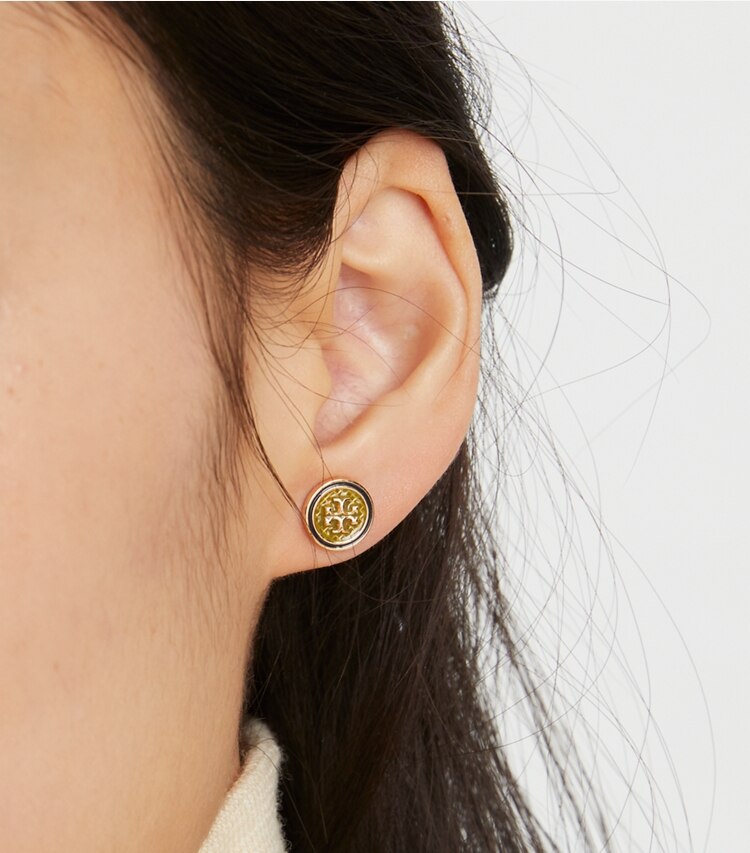 Tory Burch designer earrings Kira Guilloché Circle-Stud Earring  in Tory Gold / Yellow / New Ivory additional on model